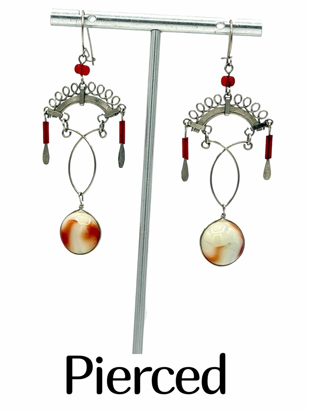 Ecuadorian Coral Sponge Bead Red & Silver Chandelier Fan Earrings Boho Jewelry